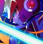  1boy android armor blonde_hair blue_eyes chest_jewel energy_sword evil_grin evil_smile fang forehead_jewel from_side glowing gradient_background grin guutara helmet highres holding holding_sword holding_weapon jewelry long_hair male_focus mega_man_(series) mega_man_x_(series) ponytail red_armor red_helmet robot robot_ears shoulder_armor signature smile solo sword very_long_hair weapon z_saber zero_(mega_man) 