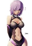  :o arms_behind_back artist_name cleavage_cutout collar elbow_gloves fate/grand_order fate_(series) gloves hair_over_one_eye highres itaco1987 looking_at_viewer mash_kyrielight navel_cutout purple_eyes short_hair solo 