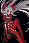  1girl absurdres black_background body_horror bug butterfly distortion extra_eyes grey_hair hair_intakes hannah_(populamalus) highres horns insect_wings long_eyelashes long_hair original populamalus red_eyes red_horns simple_background solo very_long_hair wings 