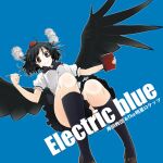  album_cover black_hair black_skirt black_socks black_wings blue_background book breasts cover dutch_angle english_text from_below group_name holding holding_book holding_pen image_sample kabayaki_unagi kishida_kyoudan_&amp;_the_akeboshi_rockets loafers medium_breasts medium_hair pen red_eyes shameimaru_aya shoes skirt socks thighs wings 