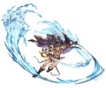  abs bare_shoulders beard belt boots brown_eyes brown_hair facial_hair full_body fundoshi granblue_fantasy headband jacket_on_shoulders japanese_clothes jin_(granblue_fantasy) katana long_hair male_focus minaba_hideo official_art ponytail scar shirtless solo sword teeth transparent_background water weapon 