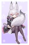  1girl agemmata animal_ear_fluff animal_ears black_jacket black_pantyhose border commentary english_commentary fang feet fox_ears fox_girl fox_tail full_body grey_hair grey_tail hair_ornament highres holding holding_brush jacket knees_together_feet_apart knees_up looking_at_viewer miniskirt no_shoes open_clothes open_jacket open_mouth outline pantyhose phase_connect pleated_skirt purple_background purple_eyes short_eyebrows sitting skirt solo tail tenma_maemi toenails toes unzipped virtual_youtuber white_border white_outline white_skirt 