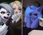 2024 5:4 anthro black_clothing black_suit blue_hair canid canid_demon canine clothing container crossover cup demon equid equine female feral friendship_is_magic game_boy game_boy_family gesture glass glass_container glass_cup grey_hair group hair hand_gesture harry_potter_(series) hasbro hellhound helluva_boss hi_res horn human loona_(helluva_boss) luna_lovegood makeup mammal my_little_pony mythological_canine mythological_creature mythological_equine mythology nintendo open_mouth pointing pointing_at_another princess_luna_(mlp) purple_body red_eyes suit trio villjulie white_body winged_unicorn wings