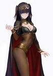  black_hair blush breasts cape cleavage cleavage_cutout fire_emblem fire_emblem:_kakusei highres looking_at_viewer medium_breasts qosic simple_background solo tharja white_background 