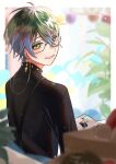  1boy birthday black_shirt blue_hair blurry blurry_foreground border brown_hair commentary earrings english_commentary eyewear_strap from_behind glasses green_eyes grin hair_between_eyes happy_birthday highres ike_eveland ike_eveland_(1st_costume) jewelry light_particles looking_at_viewer looking_back male_focus mi_quilld nijisanji nijisanji_en no_coat outside_border photo_album shirt smile solo suspenders virtual_youtuber white_border 