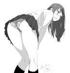  artist_name ass bangs bent_over blush commentary dated eyebrows_visible_through_hair greyscale highres kneehighs kneepits knees_together_feet_apart long_hair looking_to_the_side monochrome open_mouth original panties pleated_skirt school_uniform signature simple_background skirt smile solo tabata_hisayuki thighs underwear 