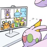  +++ ^_^ closed_eyes closed_mouth dedenne goodra goomy green_hat hat highres monitor no_humans numera_goomy open_mouth party_hat party_horn pink_hat pokemon pokemon_(creature) quagsire simple_background solid_oval_eyes sunflora sunkern table whiskers white_background wooper yellow_hat zoom_chat 