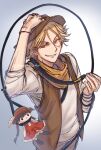  1boy alicein_mikuni blonde_hair braid cowboy_hat doll doubt_doubt doubt_doubt_(snake_form) hat hatsumi_aoi highres male_focus orange_eyes orange_scarf scarf servamp side_braid slit_pupils suicide 