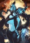  absurdres armpit_crease arms_behind_back black_hair black_skin blue_eyes blue_skin breasts chinese_commentary cleavage colored_skin commentary_request cropped_legs embarrassed extra_eyes fire glowing glowing_eyes glowing_skin highres horizontal_pupils horns large_breasts looking_at_viewer miao_jiangyou monster_girl monster_hunter_(series) monster_hunter_wilds multicolored_skin navel nu_udra pantyhose personification short_hair sideboob slime_(substance) smile spikes stomach tentacles thick_thighs thighs torn_clothes torn_pantyhose two-tone_skin underboob wide_hips 