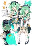 1girl ahoge animal_ears belt black_hat black_shoes blunt_bangs blush brown_belt collar detached_sleeves dianzi flag fox_ears from_behind green_hair hands_on_own_knees hat highres holding holding_flag honkai:_star_rail honkai_(series) hug huohuo_(honkai:_star_rail) knees_together_feet_apart legs_up long_hair loose_socks makeshift_flag multiple_girls multiple_views nervous nervous_sweating open_mouth paper_doll parted_lips paw-shaped_pupils red_ribbon ribbon ro/ku shoes simple_background socks spirit squatting sweat symbol-shaped_pupils white_background white_collar white_flag yin_yang_hair_ornament 