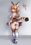  1girl animal_ears animal_print ass blonde_hair breasts buruma commentary_request elbow_gloves from_behind full_body gloves gradient_clothes kemono_friends large_breasts looking_at_viewer looking_back multicolored_buruma nyororiso_(muyaa) print_buruma serval_(kemono_friends) short_hair signature skindentation solo standing thighhighs thighs white_buruma yellow_buruma 