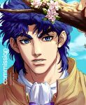  1boy ascot blue_eyes blue_hair bow bowtie branch commentary commentary_request commission flower high_collar highres holding holding_branch jacket jojo_no_kimyou_na_bouken jonathan_joestar looking_at_viewer male_focus messy_hair parted_lips phantom_blood pink_flower portrait purple_bow purple_bowtie santamanymany sky solo teeth white_ascot yellow_jacket 
