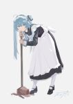  1girl absurdres ahoge alternate_costume apron black_dress black_ribbon black_shoes blue_hair bored chinese_commentary closed_mouth commentary dress enmaided frills full_body grey_background hair_between_eyes hatsune_miku highres leaning leaning_forward long_dress long_hair long_sleeves looking_at_viewer maid maid_apron maid_headdress making-of_available neck_ribbon pantyhose procreate_(medium) purple_eyes reach_far_away_(viuooczy) ribbon shoes signature simple_background solo standing vocaloid white_apron white_pantyhose 