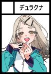  1girl :d blonde_hair blue_jacket blush circle_cut circle_name collarbone colored_eyelashes comiket_106 commentary_request dorontabi earrings finger_heart gakuen_idolmaster idolmaster jacket jewelry long_eyelashes long_hair long_sleeves looking_at_viewer open_mouth partially_unzipped shinosawa_hiro simple_background smile solo straight-on stud_earrings tareme track_jacket upper_body white_background yellow_eyes zipper zipper_pull_tab 
