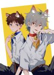  2boys :/ absurdres animal_ears bell belt black_pants blue_collar brown_eyes cat_ears collar collared_shirt grey_hair highres ikari_shinji kemonomimi_mode male_focus medium_hair mogutofuoes multiple_boys nagisa_kaworu neck_bell neon_genesis_evangelion pants red_collar red_eyes shirt short_hair simple_background tongue tongue_out two-tone_background undershirt white_background white_shirt yellow_background yellow_shirt 