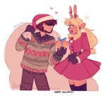  ! !! 1girl 1other :d alternate_costume animal_ears antlers bag black_gloves black_shirt black_thighhighs blonde_hair breasts brown_hair buck_teeth christmas christmas_ornaments christmas_present collared_shirt commentary covered_eyes cropped_legs deer_ears deer_girl deltarune denim dress dress_shirt earrings english_commentary flirting frilled_dress frills furry furry_female gift gloves happy happy_holidays hat heart holding holding_bag holding_gift horns jeans jewelry jxitrash kris_(deltarune) light_blush light_smile long_hair low-tied_long_hair medium_breasts merry_christmas noelle_holiday other_with_female pants pleated_skirt profile red_dress reindeer_antlers santa_costume santa_dress santa_hat shirt signature simple_background skirt smile spoken_heart teeth thighhighs torn_clothes torn_jeans torn_pants ugly_sweater white_background 