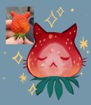 ambiguous_gender domestic_cat elemental_creature eyes_closed feefal felid feline felis flora_fauna food food_creature fruit hi_res leaf living_fruit living_strawberry mammal plant pointy_ears prick_ears red_body solo sparkles strawberry whiskers