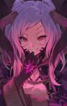 1girl aura breasts cleavage corruption dark_aura dark_persona evil_smile eyes_of_grima female_robin_(fire_emblem) female_robin_(grima)_(fire_emblem) female_robin_(grima)_(tyrant_of_despair)_(fire_emblem) fire_emblem fire_emblem_awakening fire_emblem_heroes gloves hand_tattoo highres kamu_(kamuuei) long_hair long_sleeves looking_at_viewer medium_breasts official_alternate_costume red_eyes robe smile solo tattoo teeth twintails upper_body white_hair 
