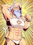  1boy abs animal_ears arm_up bare_shoulders beard bra cat_cutout cat_ear_panties cat_ears cat_lingerie cat_tail catboy cleavage_cutout crossdressing emphasis_lines facial_hair facing_viewer fake_animal_ears frilled_bra frills groin hand_behind_head hand_up head_tilt male_focus meme_attire monk_(sekaiju) muscle mustache naga_u old_man panties sekaiju_no_meikyuu sekaiju_no_meikyuu_3 side-tie_panties silver_hair solo sparkle_background tail tail_raised thick_eyebrows underwear underwear_only white_bra white_panties yellow_background 