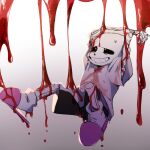  1boy arms_up bare_arms black_shorts blood blood_drip blood_drop blood_stain bright_pupils chinese_commentary commentary_request crossed_arms falling full_body gradient_background grey_background grin heichiyo highres hollow_eyes male_focus nervous_smile no_gloves no_jacket pink_slippers sans_(undertale) shirt short_sleeves shorts simple_background skeleton slippers smile socks solo sweatdrop t-shirt undertale white_background white_pupils white_shirt white_socks wide_sleeves 