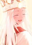  1girl absurdres blush closed_eyes commentary crown dress dress_of_heaven english_commentary fate/stay_night fate_(series) heaven&#039;s_feel highres illyasviel_von_einzbern illyasviel_von_einzbern_(dress_of_heaven) long_hair looking_back open_mouth ramune_otubu smile solo white_dress white_hair 