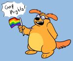 3_toes 4_fingers anthro belly blue_background canid canine canis countershade_belly countershading creatingchimera digital_media_(artwork) domestic_dog english_text eyes_closed eyewear featureless_crotch feet fetch!_with_ruff_ruffman fingers flag flag_(object) fur glasses hair hi_res lgbt_pride male mammal open_mouth open_smile orange_body orange_fur pbs pride_color_flag pride_colors rainbow_pride_colors ruff_ruffman simple_background six-stripe_rainbow_pride_colors smile solo speech_bubble tail text toes