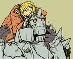  2boys alphonse_elric armor behind_another blonde_hair coat edward_elric eyes_closed fullmetal_alchemist gloves kakuu lowres multiple_boys open_mouth red_coat red_eyes siblings smile sweatdrop 