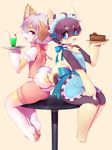  &lt;3 2017 anthro blue_eyes canine clothed clothing crossdressing crunchobar cub duo fur girly hair male mammal open_mouth purple_fur purple_hair shota smile white_hair wolf yellow_fur young 