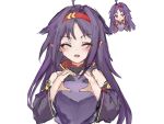  1girl :d ^_^ ahoge armor bare_shoulders black_leotard blush breastplate chibi closed_eyes commentary detached_sleeves headband heart heart_hands highres konno_yuuki_(sao) leotard long_hair long_sleeves messy_hair open_mouth purple_hair purple_sleeves red_eyes red_headband simple_background sketch sleeveless_turtleneck_leotard smile solo sword_art_online upper_body user_savg7824 white_background 