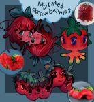 ambiguous_gender bangs blue_eyes conjoined elemental_creature elemental_humanoid feefal flora_fauna food food_creature food_humanoid fruit fruit_humanoid green_eyes green_hair group hair hi_res humanoid leaf leaf_hair living_fruit living_strawberry not_furry plant plant_hair plant_humanoid pseudo_hair red_body red_hair red_skin smile