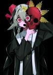  1girl :o animal_ears black_background black_robe braid bright_pupils capelet cross cross_necklace fang hair_between_eyes hannah_(populamalus) highres holding holding_skull horns jewelry long_eyelashes necklace nun original populamalus red_eyes red_horns robe simple_background skin_fang skull solo upper_body white_capelet white_pupils 