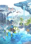  3girls alomomola araquanid beach blue_eyes blue_hair blue_pants cloud corsola dewpider e_volution fishing fishing_rod highres holding holding_fishing_rod lana_(pokemon) luvdisc masquerain multiple_girls ocean palm_tree pants pokemon pokemon_sm psyduck rock standing swimsuit swimsuit_under_clothes tree water waterfall wingull wishiwashi 