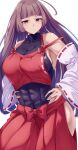  1girl abs absurdres ahoge bare_shoulders black_hair breasts commentary_request commission covered_abs cowboy_shot detached_sleeves hakama hakama_pants hands_on_own_hips highleg highleg_leotard highres hip_vent huge_ahoge japanese_clothes large_breasts leotard long_hair m.u.g.e.n mirufi_(milfiiiiyu) muscular muscular_female nontraditional_miko pants pixiv_commission red_hakama ribbon-trimmed_sleeves ribbon_trim sendai_hakurei_no_miko sideboob skindentation solo touhou very_long_hair white_background wide_sleeves 