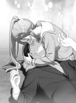  1boy 1girl black_hair blush closed_eyes crying face_hug grey_necktie hair_between_eyes kantoku lap_pillow long_hair long_sleeves lying monochrome necktie on_back open_mouth otonari-san_(sasaki_to_p-chan) pleated_skirt ponytail sad sasaki_(sasaki_to_p-chan) sasaki_to_p-chan school_uniform serafuku simple_background skirt streaming_tears suit sweatdrop teardrop tears upper_body 