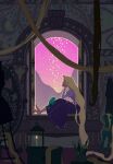  1girl artist_name barefoot blonde_hair candle dress full_body head_on_hand helen_jee highres iguana juliet_sleeves lantern long_dress long_hair long_sleeves open_window paintbrush paper_lantern parted_bangs pascal_(tangled) puffy_sleeves purple_dress rapunzel_(disney) sky_lantern tangled very_long_hair window 
