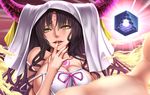  :d bare_shoulders black_hair breasts cleavage commentary_request facial_mark fate/extra fate/extra_ccc fate_(series) forehead_mark foreshortening horns large_breasts long_hair looking_at_viewer nail_polish open_mouth pink_nails revealing_clothes seductive_smile self_shot sesshouin_kiara shuugetsu_karasu sideboob smile solo veil wavy_hair yellow_eyes 