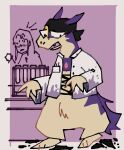 after_transformation ambiguous_gender blush bottomless clothed clothing coat desk duo female feral fur furniture generation_8_pokemon hi_res hisuian_form hisuian_typhlosion human iggybelle lab_accident lab_coat laboratory laboratory_equipment laboratory_glassware looking_at_another mammal nintendo open_mouth pen_in_pocket pokemon pokemon_(species) purple_body purple_fur regional_form_(pokemon) science scientific_instrument scientist scorch_mark sharp_teeth simple_background table tan_body tan_fur teeth test_tube topwear torn_clothing