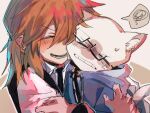 2boys ^_^ adapted_costume animal_ear_fluff animal_ears annoyed bespectacled black-framed_eyewear black_necktie blue_jacket brown_background brown_hair cat_boy cat_ears cat_tail clenched_teeth closed_eyes collared_shirt crooked_eyewear crossover fingernails furrowed_brow glasses grey_hood happy heichiyo hood hood_down hooded_jacket hug jacket kemonomimi_mode kingdom_hearts long_hair long_sleeves male_focus multiple_boys necktie open_clothes open_jacket open_mouth outline ribbon-trimmed_necktie ribbon_trim sans_(undertale) shirt skeleton smile sora_(kingdom_hearts) spoken_squiggle squiggle tail teeth two-tone_background undertale upper_body white_background white_outline white_shirt 