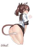  animal_ears ass bangs blush brown_eyes brown_hair brown_ribbon brown_skirt cat_ears cat_tail closed_mouth covering covering_crotch cowboy_shot cropped_legs ebifurya embarrassed extra_ears eyebrows_visible_through_hair from_side hair_ribbon highres kantai_collection kemonomimi_mode no_panties ponytail profile ribbon school_uniform serafuku shikinami_(kantai_collection) short_sleeves simple_background skirt solo spoken_blush tail tail_censor tears twitter_username wavy_mouth white_background 