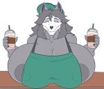 anthro apron beverage big_breasts black_body black_claws black_fur black_hair black_nipples bone breasts canid canine claws clothing coffee female fur green_apron green_clothing green_hat green_headwear hair hat headgear headwear hi_res huge_breasts i_mean_breast_milk long_hair mal0 malo mammal meme nipple_slip nipples oleanderin scp-1471-a scp_foundation skull skull_head solo