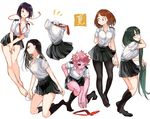  anezu ashido_mina asui_tsuyu bare_legs barefoot black_hair black_legwear black_sclera boku_no_hero_academia breasts brown_hair cleavage collared_shirt full_body green_hair hagakure_tooru hair_down horns invisible jirou_kyouka kneeling long_hair medium_breasts multiple_girls necktie no_shoes pantyhose pink_hair pink_skin pleated_skirt purple_hair red_neckwear school_uniform shirt short_hair simple_background skirt u.a._school_uniform undone_necktie uraraka_ochako white_background yaoyorozu_momo 