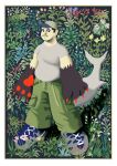 baseball_cap beard big_claws big_feet boarboy border bottomwear claws clothing digital_media_(artwork) digital_painting_(artwork) facial_hair feet flower footwear grass hat headgear headwear hi_res humanoid leaf looking_at_viewer male mustache painting_(artwork) pants pawpads plant red_pawpads shadow shark_tail shirt shoes slightly_chubby slightly_chubby_humanoid slightly_chubby_male sneakers solo standing t-shirt topwear white_border