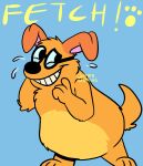 3_toes anthro arm_tuft belly black_nose blue_background canid canine canis chest_tuft countershade_belly countershading creatingchimera digital_media_(artwork) domestic_dog elbow_tuft eyewear featureless_crotch feet fetch!_with_ruff_ruffman footprint fur glasses hair hi_res looking_at_viewer male mammal orange_body orange_fur pawprint pbs pink_inner_ear ruff_ruffman simple_background smile solo sweat_emanata tail text toes tuft yellow_text