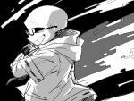  1boy adapted_costume bespectacled black_background chinese_commentary commentary_request cowboy_shot fingerless_gloves floating_clothes from_side glasses gloves greyscale grin heichiyo hood hooded_jacket jacket layered_sleeves long_sleeves looking_ahead male_focus monochrome open_clothes open_jacket own_hands_together pointy_nose red_pupils ribbon-trimmed_jacket ribbon-trimmed_sleeves ribbon_trim sans_(undertale) short_over_long_sleeves short_sleeves skeleton sleeve_cuffs smile smoke solo spot_color standing undertale 