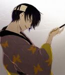  1boy animal_print bandage_over_one_eye bandaged_head bandages black_hair butterfly_print commentary commentary_request gintama holding holding_smoking_pipe japanese_clothes kimono kiseru looking_at_viewer male_focus mo_mo_rice profile purple_kimono smile smirk smoke smoking smoking_pipe solo takasugi_shinsuke upper_body 