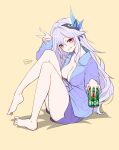  1girl absurdres alternate_costume barefoot beer_can breasts can clenched_teeth drink_can genshin_impact gradient_clothes gradient_shirt grey_hair highres holding holding_can knees_up large_breasts looking_at_viewer purple_shirt purple_shorts red_eyes royboy shirt short_shorts shorts simple_background sitting skirk_(genshin_impact) smile solo teeth v yellow_background 