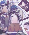  1boy bandaid bandaids_on_nipples bikini bikini_under_clothes black_hair blush cellphone charisma_house choker clothes_lift crossdressing cuffs handcuffs highres long_sleeves male_focus mask motohashi_iori mouth_mask nipple_piercing pasties phone piercing poca_0422 selfie shirt_lift short_hair sitting smartphone spiked_choker spikes swimsuit trap twitter wariza 