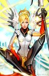  arm_at_side arm_up artist_name blonde_hair blue_eyes bodysuit breasts closed_mouth crystal_graziano glowing glowing_wings halo highres holding holding_staff lips mechanical_wings medium_breasts mercy_(overwatch) nose overwatch pelvic_curtain red_lips short_hair solo spread_wings staff white_bodysuit white_wings wings yellow_wings 