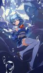  1girl air_bubble arm_behind_back armpits back_bow black_sandals blue_bow blue_eyes blue_hair blue_shirt blue_skirt blue_sleeves bow bowtie bubble cape chun_sam collared_cape colored_eyelashes commentary corset detached_sleeves floating_cape floating_clothes floating_hair fortissimo full_body gloves hair_between_eyes hair_ornament hairclip high_collar highres light_particles long_sleeves magical_girl mahou_shoujo_madoka_magica mahou_shoujo_madoka_magica_(anime) miki_sayaka miniskirt musical_note musical_note_hair_ornament pleated_skirt red_bow red_bowtie sandals shirt short_hair skirt sleeveless sleeveless_shirt solo symbol-only_commentary tabi thighhighs underwater white_cape white_corset white_gloves white_thighhighs zouri 