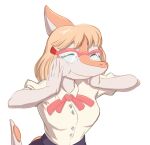 alpha_channel anthro biped blonde_hair bone_frill bottomwear bow_tie breasts clothed clothed_anthro clothed_female clothing collared_shirt colored dinosaur dress_shirt eyes_closed eyewear female fingers frill_(anatomy) front_view glasses goodbye_volcano_high grey_bottomwear grey_clothing grey_pants hadrosaurid hair half-length_portrait hand_on_cheek humanoid_hands medium_breasts medium_hair multicolored_body multicolored_scales naomi_(gvh) non-mammal_breasts orange_body orange_scales ornithischian ornithopod pants parasaurolophus portrait prehistoric_species protonmono red_bow_tie reptile scales scalie shirt simple_background smile solo spiked_tail spikes spikes_(anatomy) tail topwear transparent_background two_tone_body two_tone_scales white_body white_clothing white_scales white_shirt white_topwear